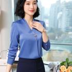 Silky Long-sleeve V-neck Blouse / Straight-cut Dress Pants