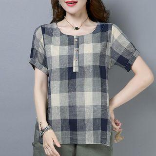 Short-sleeve Plaid Henley Top