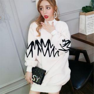 Mock-neck Embroidered Sweater Almond White - One Size