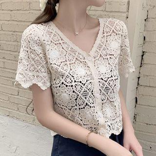 Short-sleeve Crochet Cropped Cardigan / Plain Midi A-line Skirt / Set