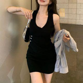 Striped Shirt / Sleeveless Plain Mini Dress