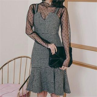 Sweetheart-neck Houndstooth Pinafore Dress