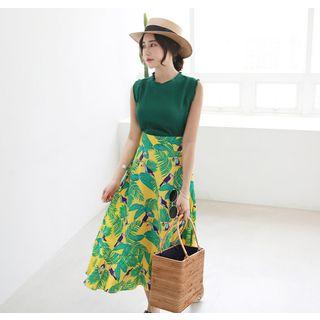 Tie-waist Ruffle-hem Pattern Long Skirt