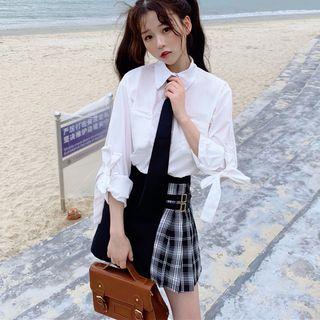 Tie-cuff Shirt / Necktie / Plaid Panel A-line Skirt