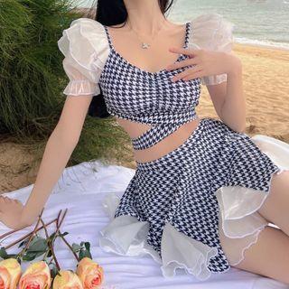 Short-sleeve Houndstooth Swim Top / Swim Skirt