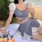 Short-sleeve Houndstooth Swim Top / Swim Skirt
