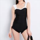 Sleeveless Two-tone Swimsuit / Swim Skirt / Set