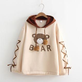 Lace-up Sleeve Bear Print Hoodie Almond - One Size