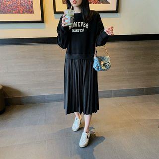 Long-sleeve Mock Two-piece Lettering Midi Dress