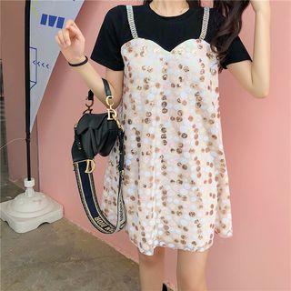 Mock Two Piece Pattern T-shirt Dress Dress - One Size