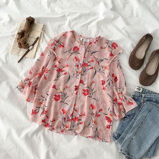 3/4-sleeve Floral-print Chiffon Top