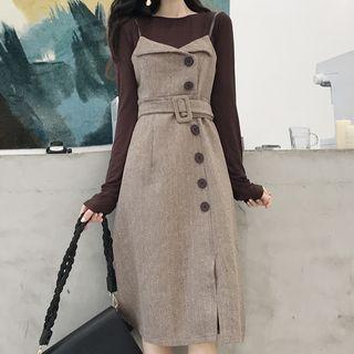 Crew-neck Long-sleeve T-shirt / Single-breasted Spaghetti Strap Pinafore Dress