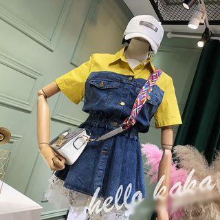 Color Panel Short Sleeve Denim Shirt