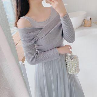 Set: Cold-shoulder Twisted Sweater + Midi A-line Mesh Skirt