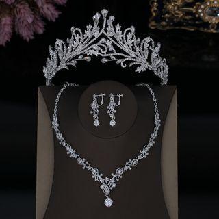 Set : Wedding Rhinestone Tiara + Necklace + Dangle Earring