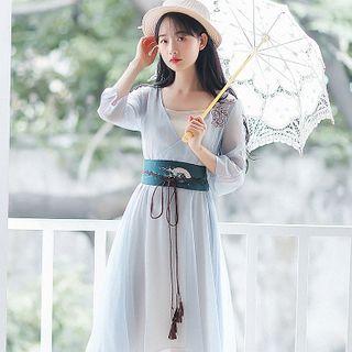 Set: Embroidered Bell-sleeve Midi A-line Dress + Camisole