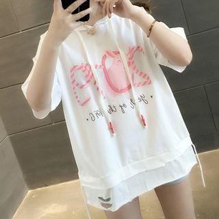 Short-sleeve Hooded Pig Print T-shirt