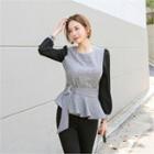 Zip-back Two-tone Blouse With Belt