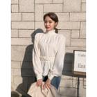 Frill-neck Bishop-sleeve Belted Blouse
