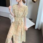 Short Sleeve Frill-trim Floral Slit Chiffon Dress