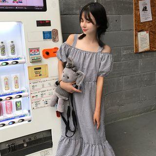 Gingham Off Shoulder Short Sleeve Midi Dress