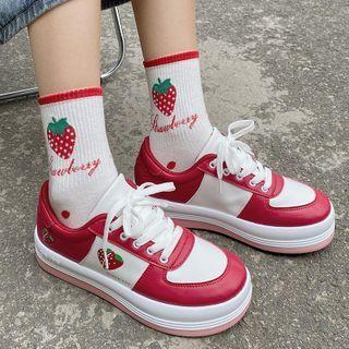 Color Block Strawberry Print Platform Lace-up Sneakers