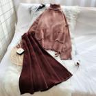 Set: Turtleneck Sweater + Midi A-line Knit Skirt Coffee - One Size