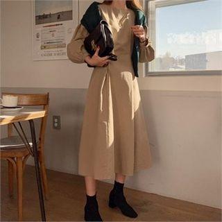 Balloon-sleeve Tab-waist Long Flare Dress