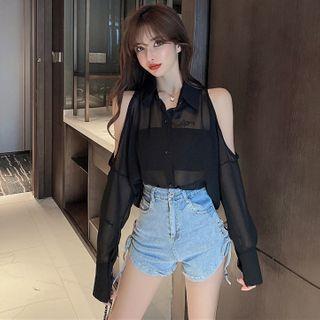Cold Shoulder Sheer Shirt / Denim Shorts