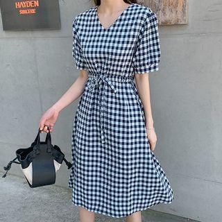 V-neck Drawstring-waist Gingham Dress Navy Blue - One Size