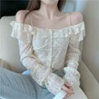 Long-sleeve Cold Shoulder Frill Trim Lace Blouse