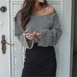 Off-shoulder Loose-fit Stripe T-shirt