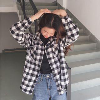 Set: Sleeveless Mock Neck Knit Top + Plaid Shirt