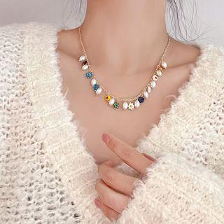 Beaded Flower Necklace Gold - One Size