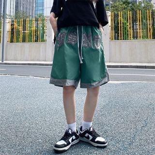 Drawstring Waist Lettering Contrast Trim Sport Shorts