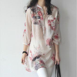 3/4-sleeve Floral Print Tunic Top