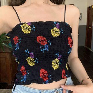 Spaghetti-strap Flower Print Smocked Crop Top