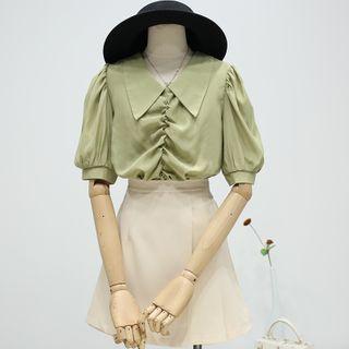 Ruched Collared Puff-sleeve Blouse