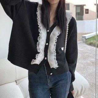 Long-sleeve V-neck Lace Trim Knit Cardigan