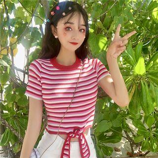 Short-sleeve Striped Tie-waist Knit Top