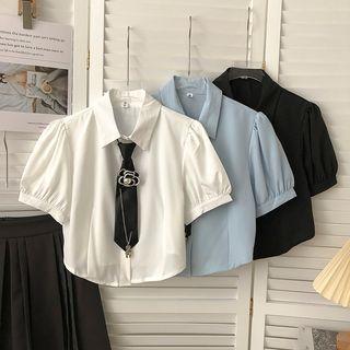 Set: Puff-sleeve Shirt + Floral Neck Tie