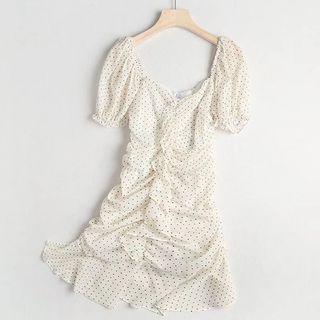 Puff-sleeve Dotted Ruffled Mini Sheath Dress