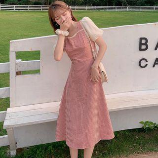 Puff-sleeve Panel Gingham Mini A-line Dress