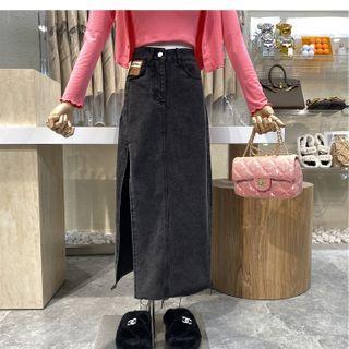 High-waist Applique Split Denim Skirt