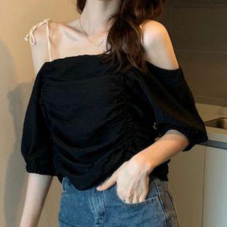 Elbow-sleeve Cold Shoulder Crinkled Top