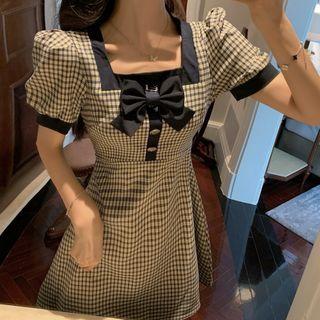 Puff-sleeve Bow Square-neck Plaid Mini A-line Dress