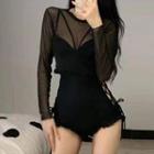 Set: Spaghetti Strap Lace-up Swimsuit + Long-sleeve Top