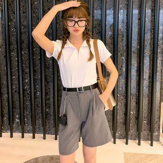 Short-sleeve Zip Polo Shirt / Wide Leg Shorts