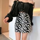 Long-sleeve Off-shoulder Lace-up Cropped Top / Zebra Print Slim-fit Skirt