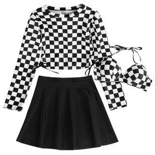 Set: Long-sleeve Check Swim Top + Bikini Top + Swim Skirt + Shorts